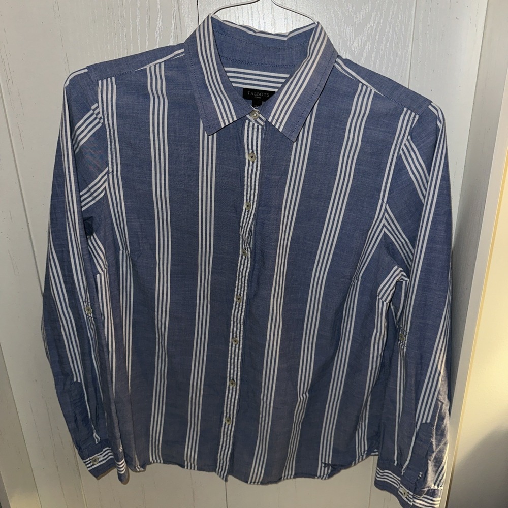 Talbots Women's Blue Striped 100% Cotton Button Up Shirt - Size 14P Petite